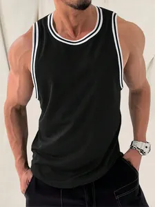 Close-up of men's black knitted tank top featuring vertical stripes and white striped trim