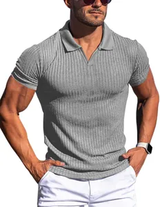 Premium slim fit men's grey ribbed V-neck polo shirt with short sleeves and high elasticity