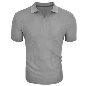 Close-up of men's grey ribbed polo shirt with V-neck and short sleeves