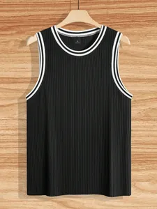 Close-up of men's slim fit black ribbed knit tank top with white contrast trim