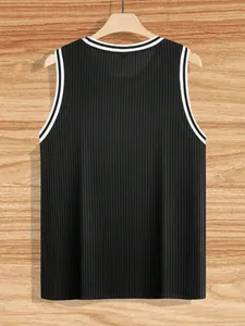 Detailed back view of a black ribbed knit men's tank top with striped trim detailing