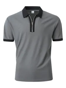 Detailansicht eines grauen Herren-Poloshirts mit schwarzem Kragen und Halbreißverschluss