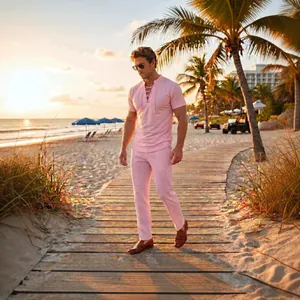 Stylish men's pink summer casual two-piece set featuring lace-up short sleeve shirt and pants