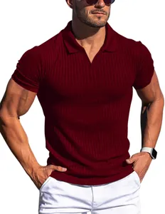 High-quality close-up of men's slim-fit burgundy ribbed polo shirt with stylish V-neck
