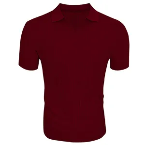 Detailed close-up showing the burgundy ribbed texture and V-neck of this men's polo shirt