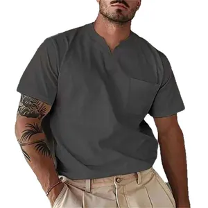 Men's dark gray V-neck T-shirt with pocket detail, slim fit summer casual top.