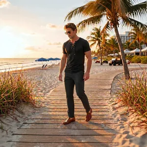 Men's casual summer outfit featuring a lace-up short sleeve shirt and grey trousers