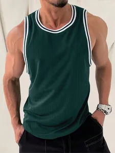 Detailed view of dark green knitted vertical stripe tank top on fitness model