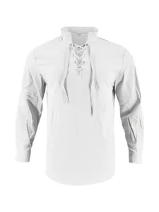 Detail of a men's white long-sleeve linen henley shirt with lace-up stand collar.