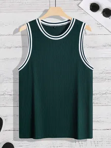 Dark green ribbed knit men's fitness tank top with striped contrast crew neck and armholes