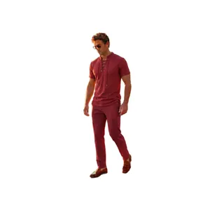 Men's casual lace-up short sleeve shirt and trousers two-piece set in burgundy.