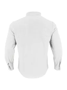 Back view of white men's long sleeve cotton linen Henley shirt with stand collar