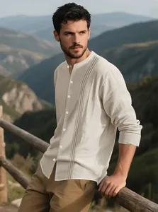 Men's beige cotton linen long-sleeved shirt with stand collar and elegant pleat detail