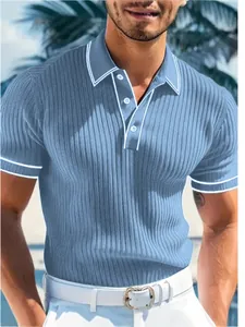 Casual light blue ribbed polo shirt for men with stylish white contrast trim details.