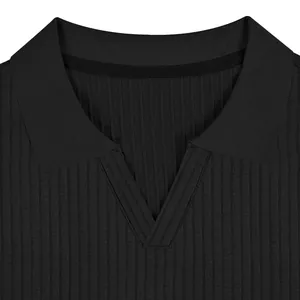Premium men's black ribbed short sleeve polo shirt with a stylish V-neck collar detail