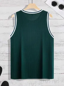 Back view of men's dark green ribbed knitted tank top with contrast trim