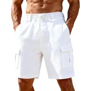White men's linen cargo shorts with drawstring elastic waist and pockets