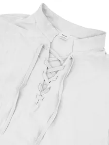 Detail of men's linen Henley shirt featuring lace-up front and stand collar texture.