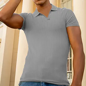 Premium men's slim fit grey ribbed short sleeve polo shirt featuring an open V-neck collar