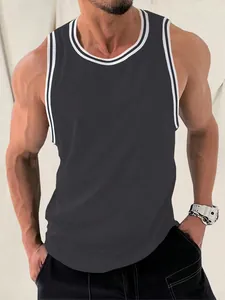 Detailed view of men's knitted ribbed gym tank top with contrast striped trim