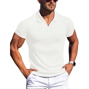 Men's slim fit white V-neck short sleeve polo shirt with vertical ribbed texture