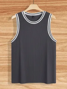 Men's slim fit ribbed knitted tank top with contrast striped trim on crew neckline