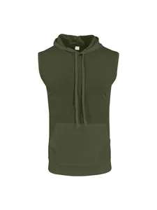 Detalle de sudadera con capucha sin mangas para hombre verde oliva con bolsillo.