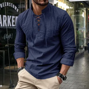 Detail view of navy blue cotton linen Henley shirt for men with lace-up stand collar
