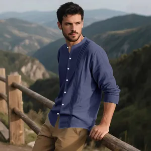 Men's Casual Cotton Linen Long Sleeve Shirt Mandarin Collar Pin-tuck Pleated Solid Color Button Down Shirt Regular Fit Top