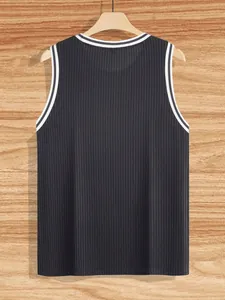 Detailed back view of a men's black knitted ribbed tank top with white contrast trim.