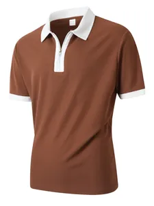 Braunes Herren-Poloshirt mit weißem Kontrastkragen und halbem Reißverschluss-Detail