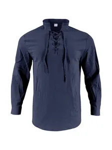 Navy blue men's cotton linen long-sleeve Henry shirt with lace-up stand collar