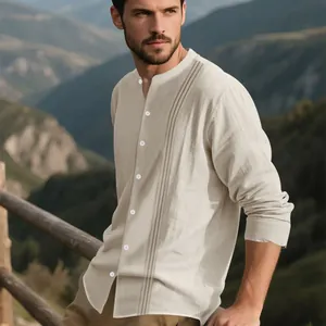 Men's breathable linen cotton long sleeve shirt with pleated front and band collar