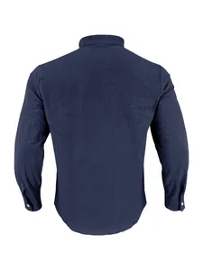 Back view of a navy blue long-sleeved cotton linen shirt for men in casual style.