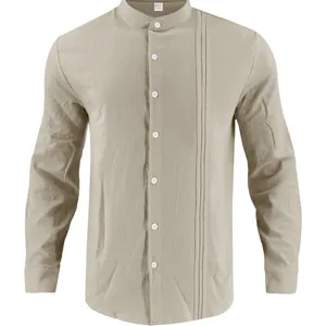 Men's cotton linen long-sleeve shirt with stand collar and pleated detail in beige