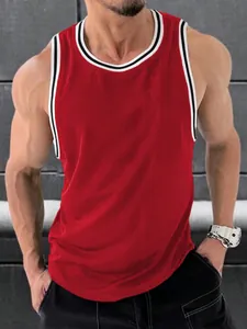 Close-up detail of men's red ribbed knit tank top with athletic striped trim and slim fit