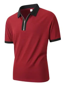 Herren Polo-Shirt in Rot mit schwarzem Kontrast, Reißverschluss und Waffelstruktur