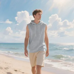 Detalle de un chaleco deportivo gris con capucha sin mangas para hombre en una playa soleada.