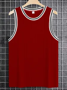 Detailed view of red ribbed knit sports tank top with contrast striped trim for men