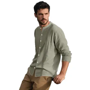 Men's long sleeve cotton linen shirt with stand collar and pintuck details