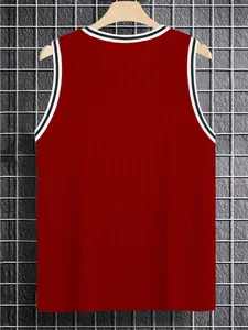 Close-up view of a men's red knitted ribbed tank top with striped athletic trim details