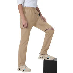 Detailed view of men's khaki cargo pants featuring zip-off legs and multi-pockets