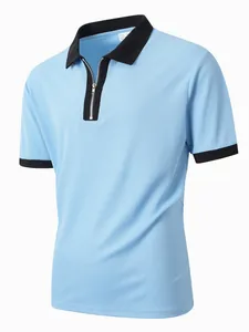 Herren Polohemd in Hellblau mit schwarzem Kragen und halbem Reißverschluss
