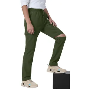 Detail showing army green convertible cargo pants with knee zipper and side pocket