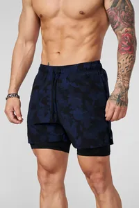 Short de fitness 2-en-1 pour homme avec imprimé camouflage bleu et compression