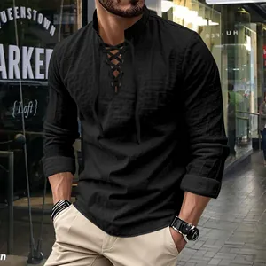 Classic black long sleeve linen Henley shirt for men featuring a lace-up stand collar design