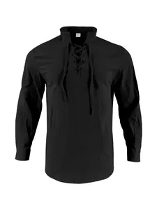 Black cotton linen long sleeve Henley shirt with lace-up neckline and stand collar