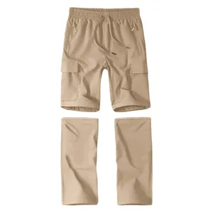 Detailed view of men's khaki cargo pants with detachable legs for quick conversion to shorts