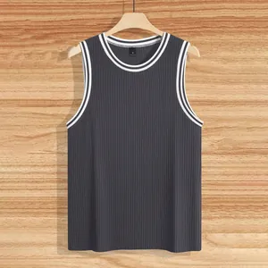 Close-up of charcoal gray men's ribbed knit tank top with white striped neck and armholes.