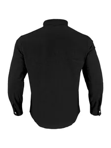 Detailed back view of a minimalist black cotton linen long sleeve shirt with stand collar